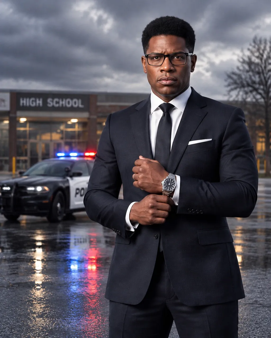 A confident man in a black suit standing outside a high school