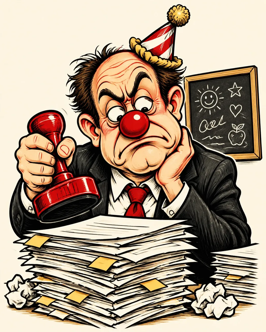 Fictional, comically overwhelmed school administrator clown holding a stamp behind a mountain of paperwork